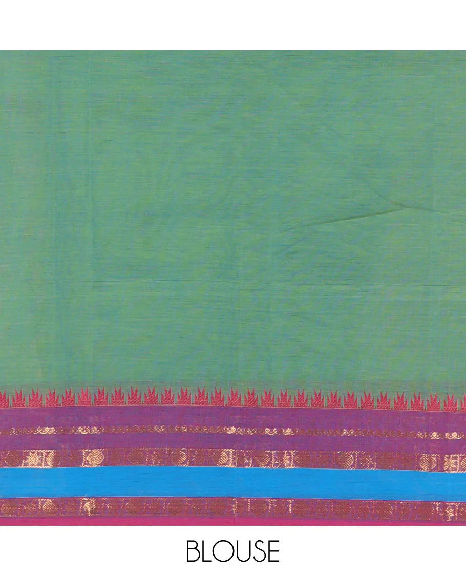 Green velthari design chettinad cotton saree , Contrast gold zari and thread weaving border , lining pallu - Image 4