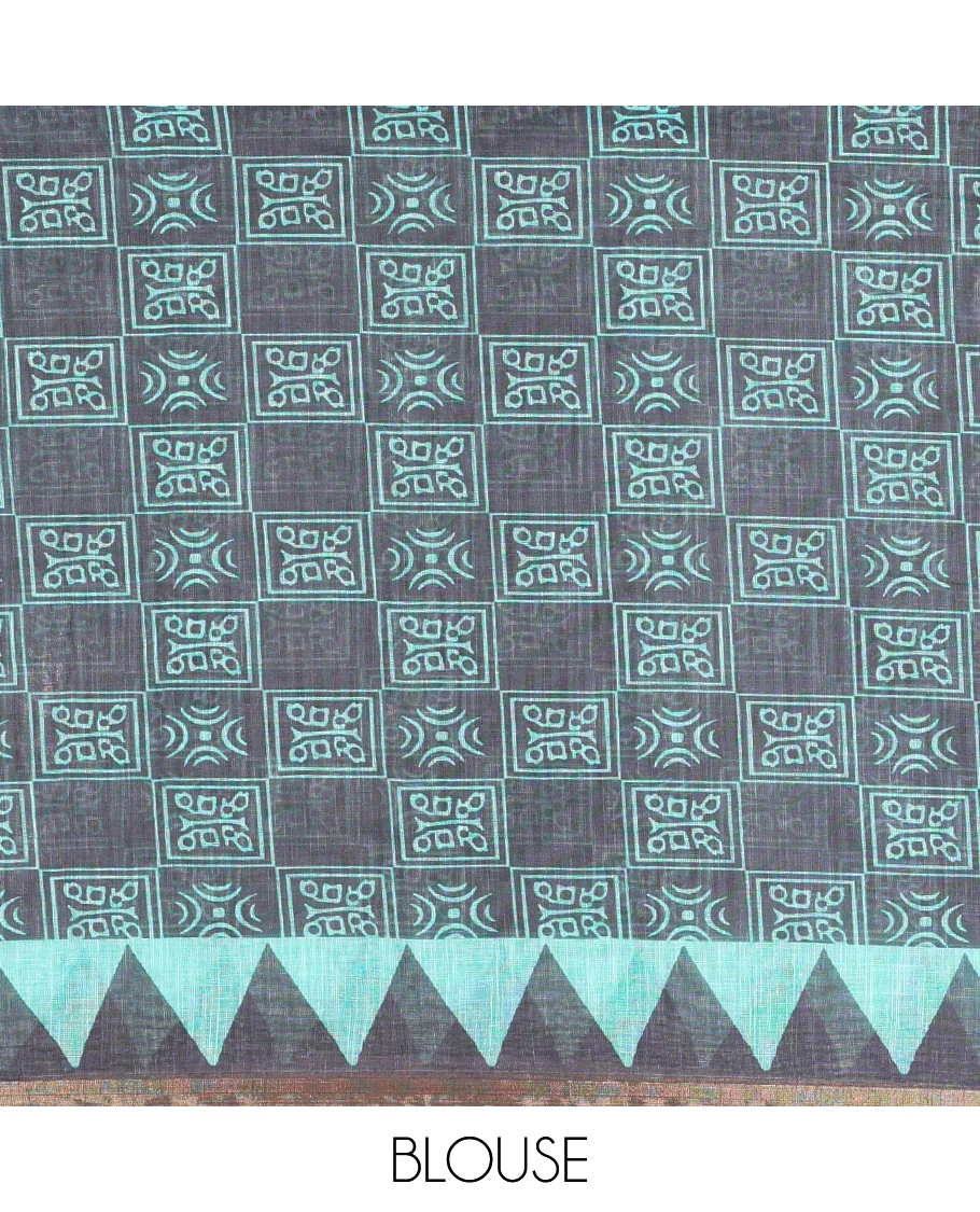 Green vertical stripes printed linen cotton saree, a temple-printed border, big polka dot printed pallu, and a printed blouse - Image 3