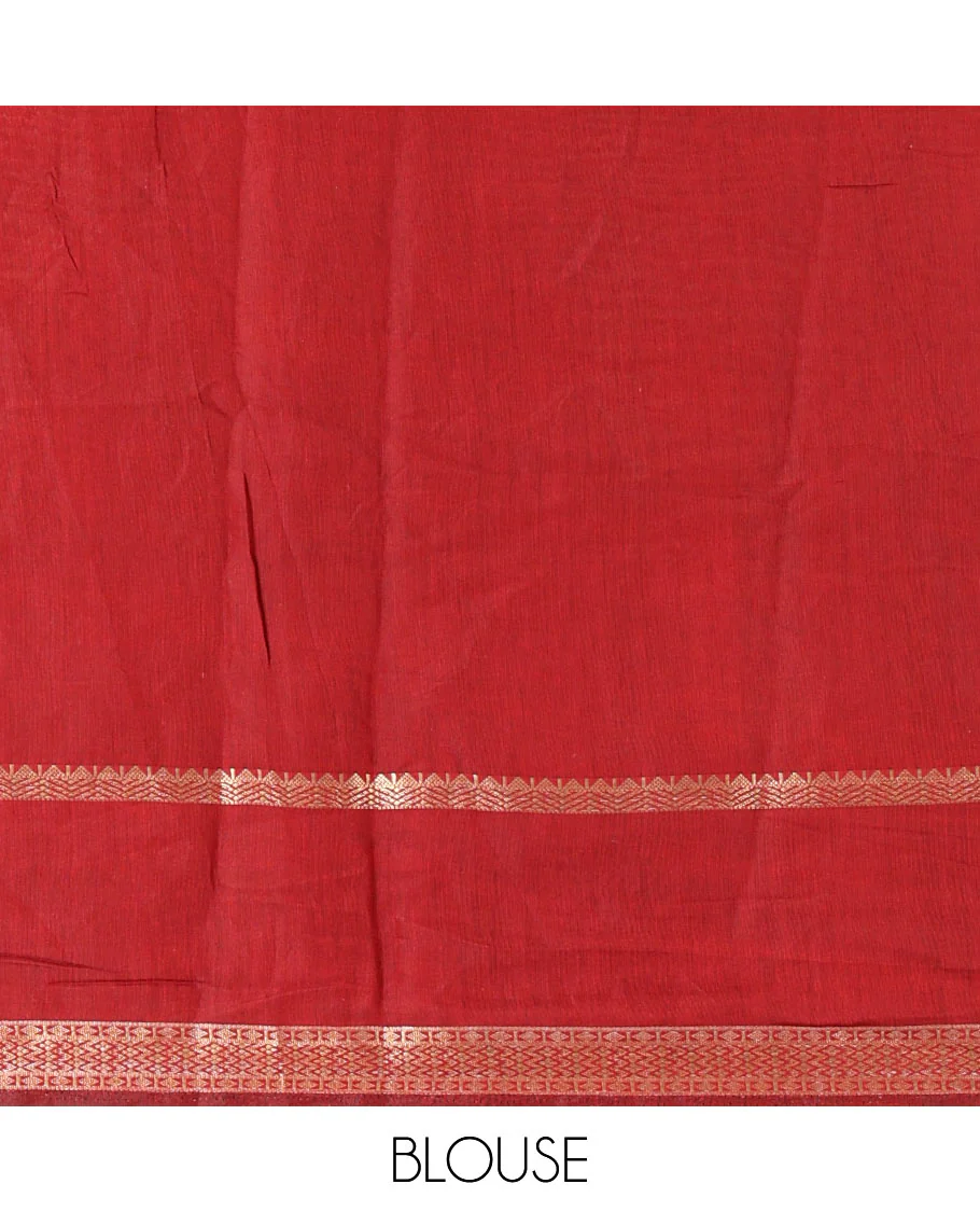 Green vertically striped muslin silk saree, contrast zari rettai pettu border, kalamkari floral vine printed pallu, and a contrast plain blouse - Image 4