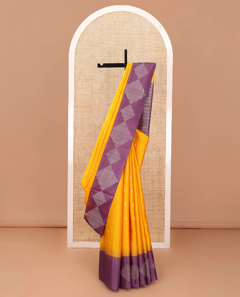 Orange vazhaipoo striped & buttas Mayuri soft silk saree, contrast diamond patterned border & pallu of traditional zari designs