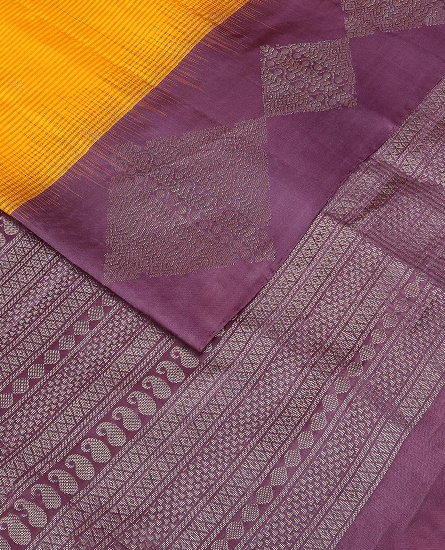 Orange vazhaipoo striped & buttas Mayuri soft silk saree, contrast diamond patterned border & pallu of traditional zari designs - Image 2