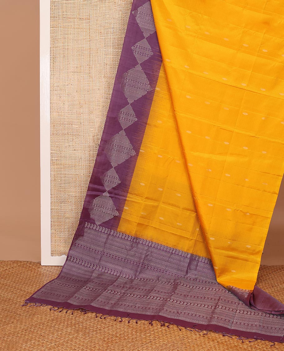 Orange vazhaipoo striped & buttas Mayuri soft silk saree, contrast diamond patterned border & pallu of traditional zari designs - Image 3