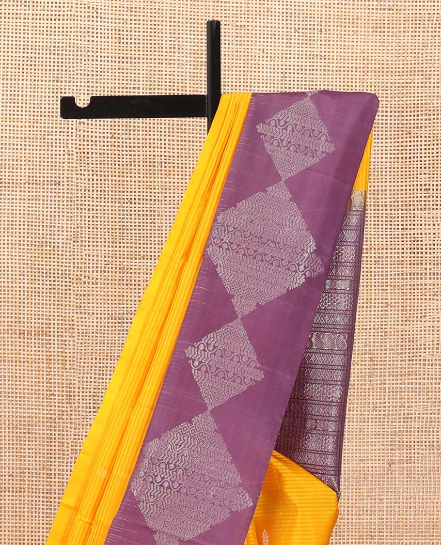 Orange vazhaipoo striped & buttas Mayuri soft silk saree, contrast diamond patterned border & pallu of traditional zari designs - Image 4