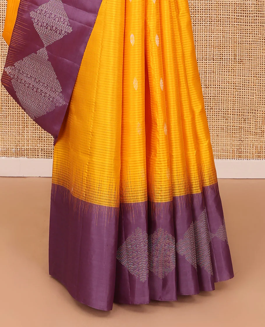 Orange vazhaipoo striped & buttas Mayuri soft silk saree, contrast diamond patterned border & pallu of traditional zari designs - Image 5