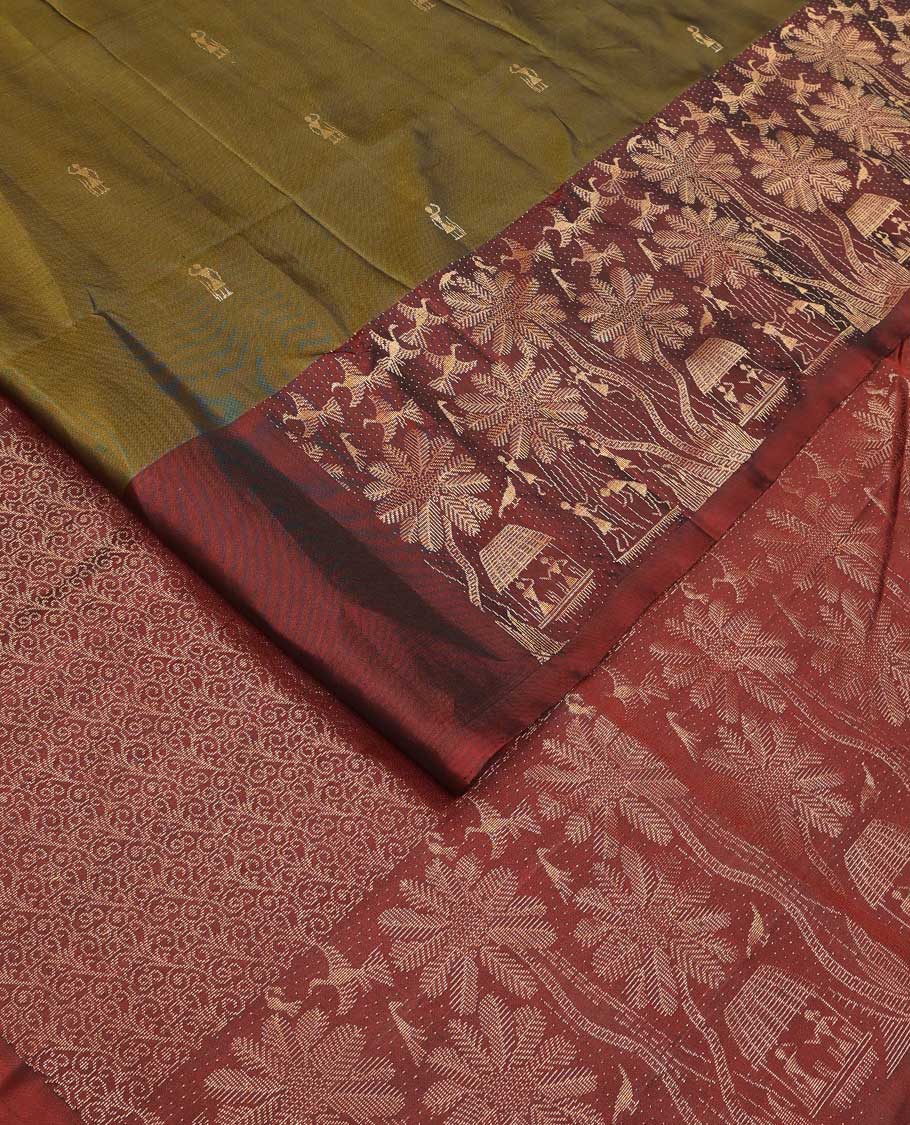 Green warli motifs woven Mayuri soft silk saree, contrast warli-village theme woven border, and pallu of floral and warli-village theme designs - Image 2