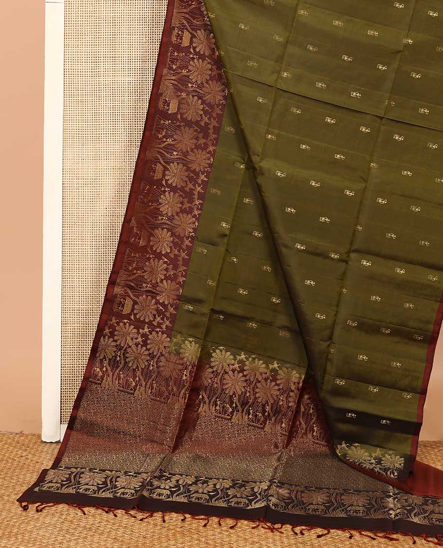 Green warli motifs woven Mayuri soft silk saree, contrast warli-village theme woven border, and pallu of floral and warli-village theme designs - Image 3