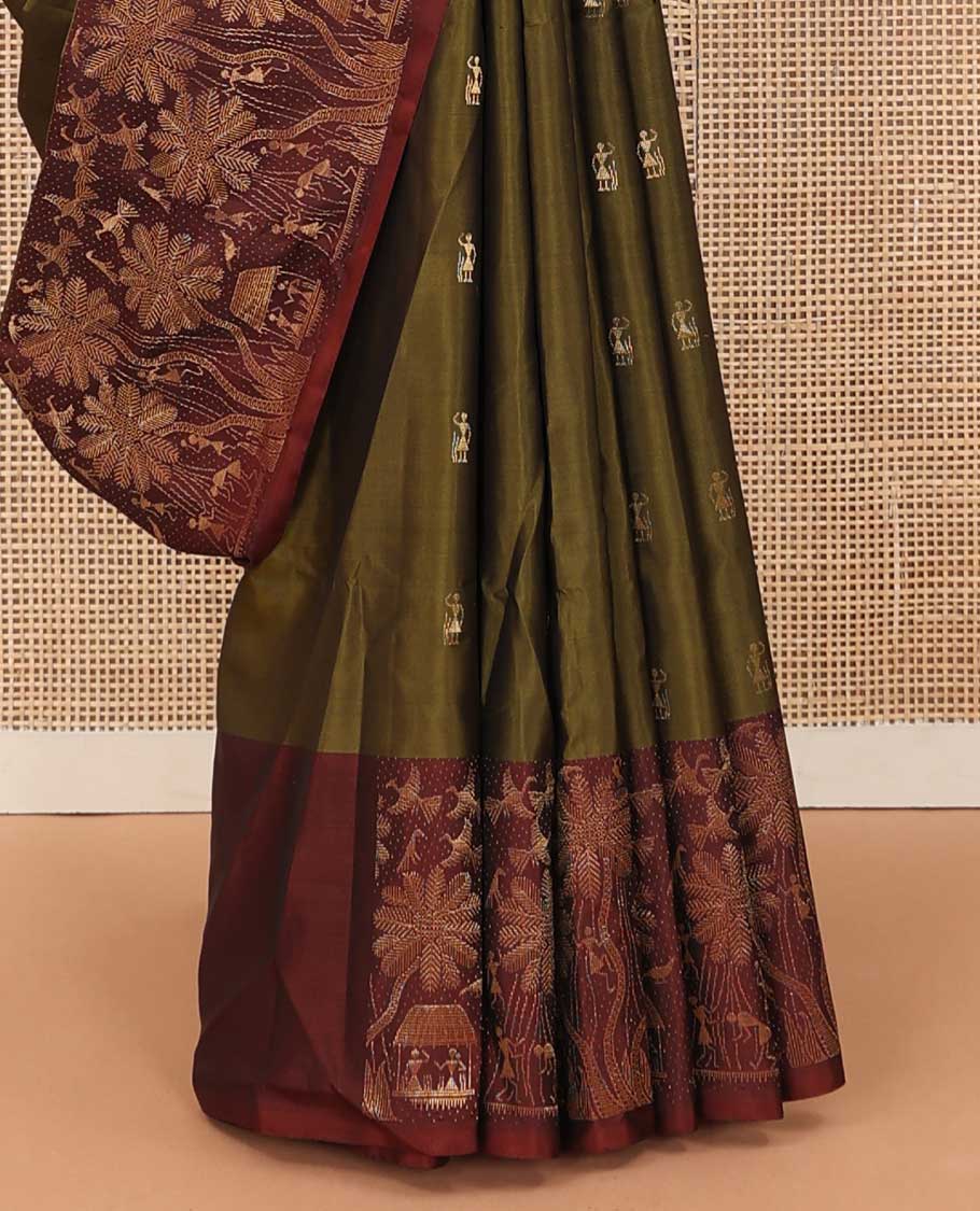 Green warli motifs woven Mayuri soft silk saree, contrast warli-village theme woven border, and pallu of floral and warli-village theme designs - Image 5