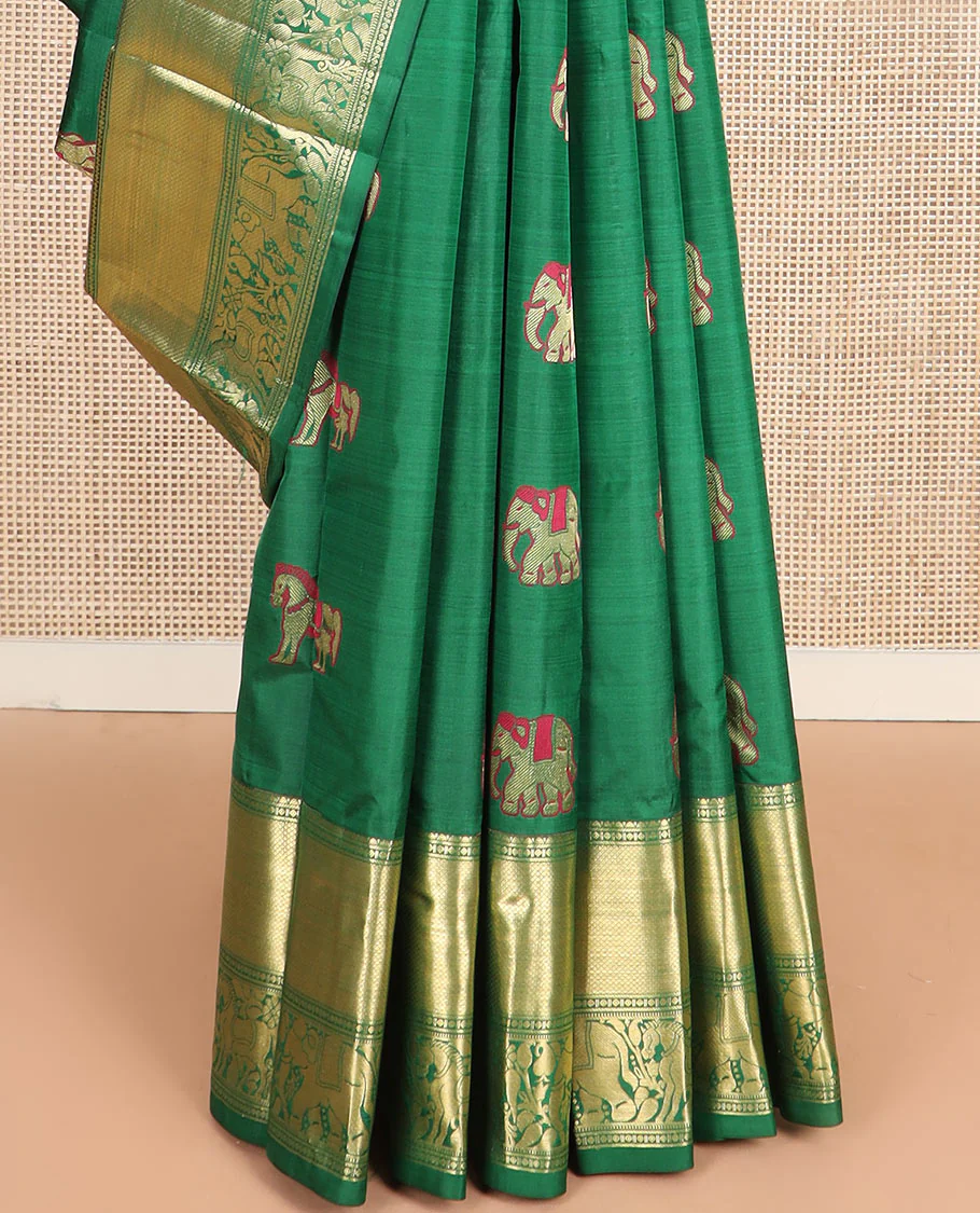 Green yaanai and kuthirai thread buttas Vasundhara silk saree, zari border of rekku, diamond, mayil kann, kuthirai, and yaanai designs, and jaal pallu - Image 4