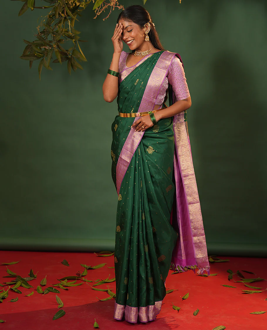 Green yaanai and mayil buttas Vasundhara silk saree, contrast border of muthu, kathir, mayil, and yaanai designs, and diagonal striped pallu - Image 2