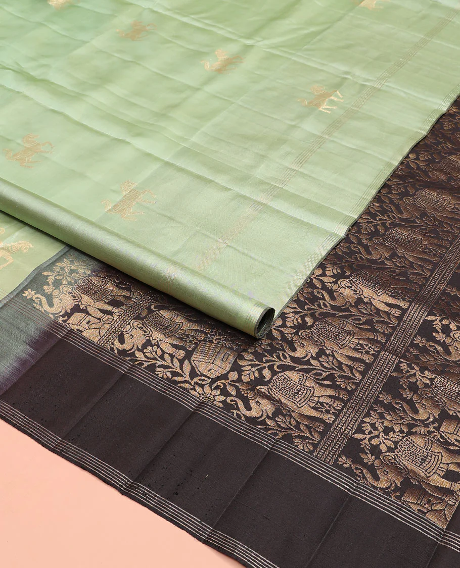 Green yaanai buttas Mayuri soft silk saree, zari striped border, and contrast yaanai and house motifs woven pallu - Image 2