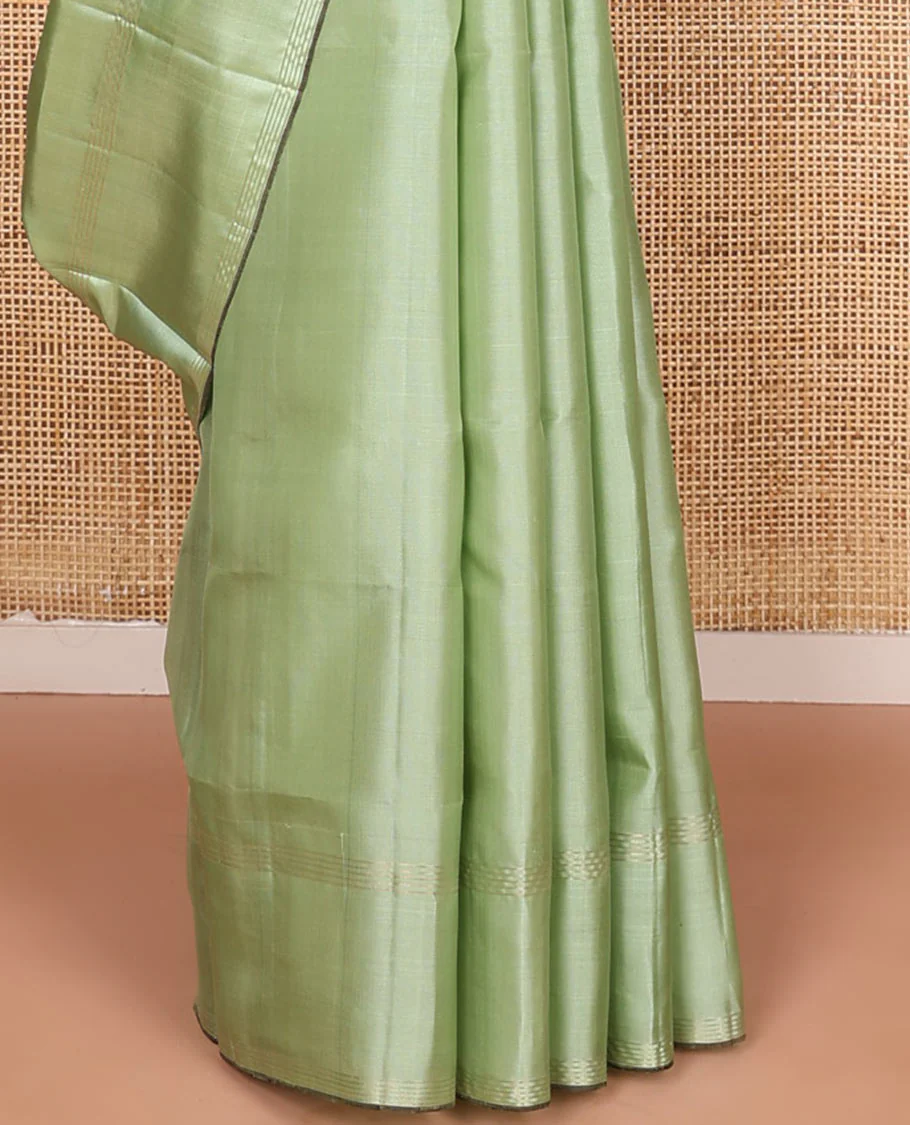 Green yaanai buttas Mayuri soft silk saree, zari striped border, and contrast yaanai and house motifs woven pallu - Image 4