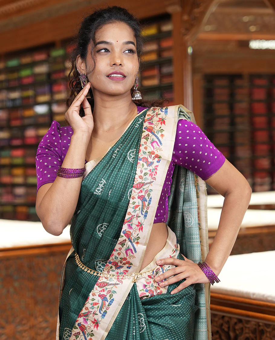 Green zari buttas and bandhani dotted fancy tussar saree, contrast floral and bird printed border, striped pallu, and a matching blouse - Image 2