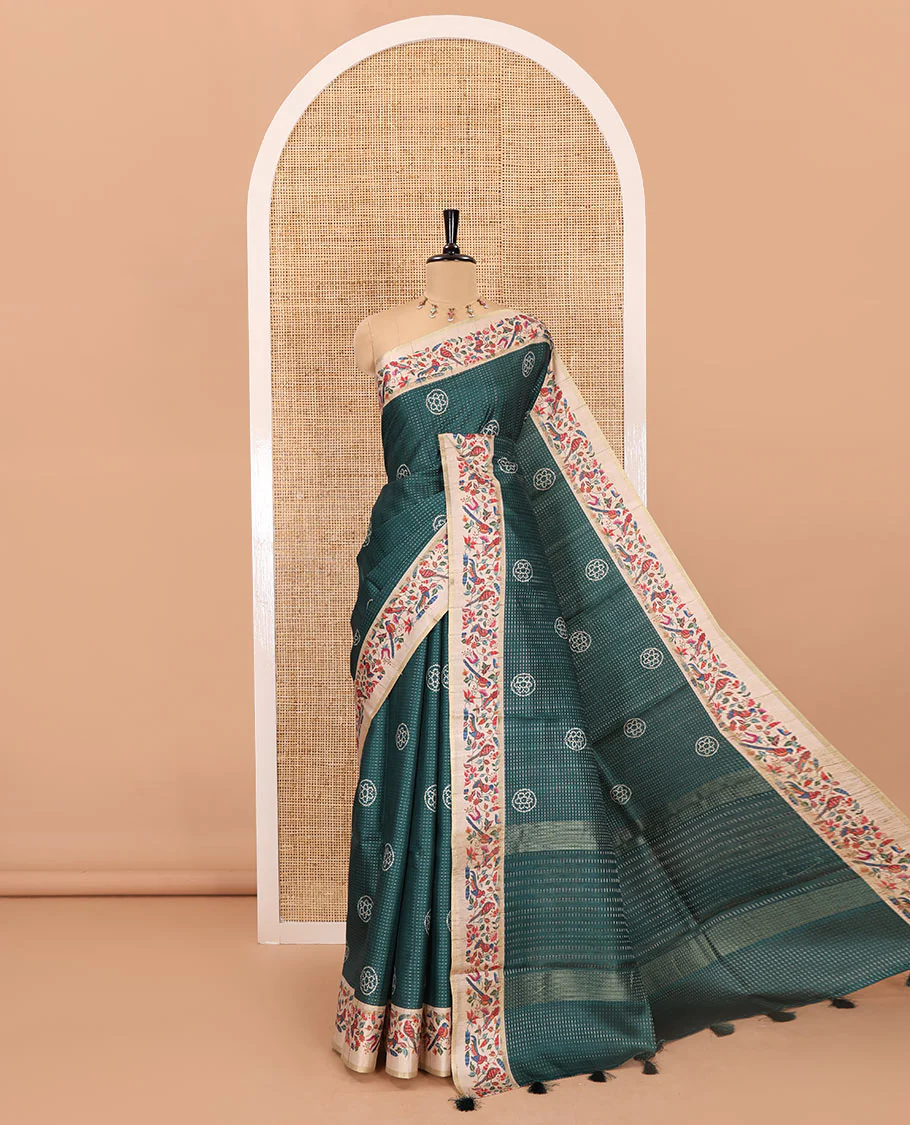Green zari buttas and bandhani dotted fancy tussar saree, contrast floral and bird printed border, striped pallu, and a matching blouse - Image 3