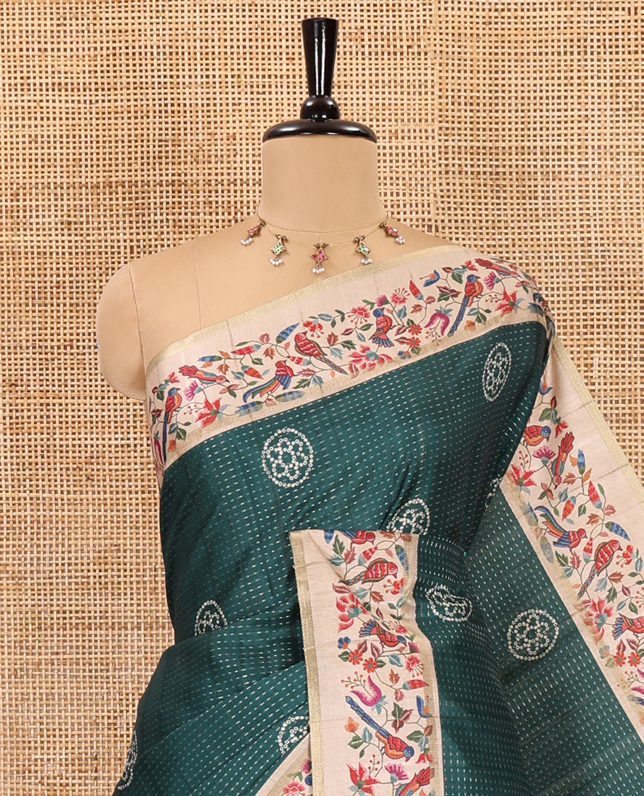 Green zari buttas and bandhani dotted fancy tussar saree, contrast floral and bird printed border, striped pallu, and a matching blouse - Image 4