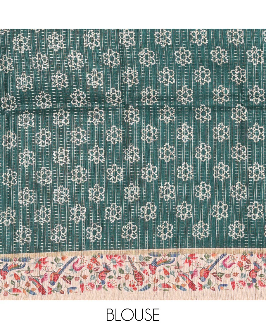 Green zari buttas and bandhani dotted fancy tussar saree, contrast floral and bird printed border, striped pallu, and a matching blouse - Image 5