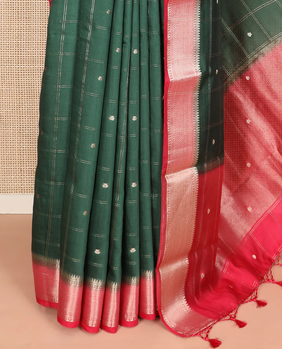 Green zari buttas and checked Assam silk saree, contrast traditional zari border, and pallu of zari designs - Image 3