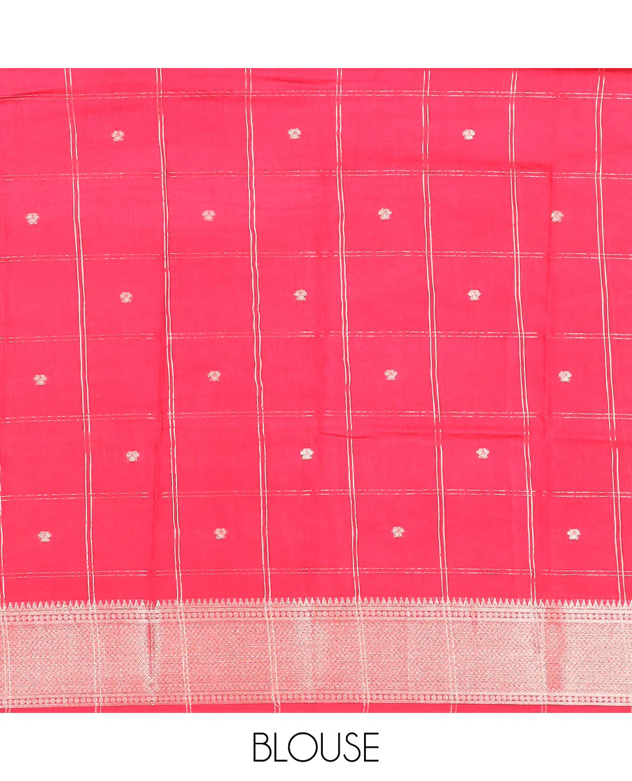 Green zari buttas and checked Assam silk saree, contrast traditional zari border, and pallu of zari designs - Image 4