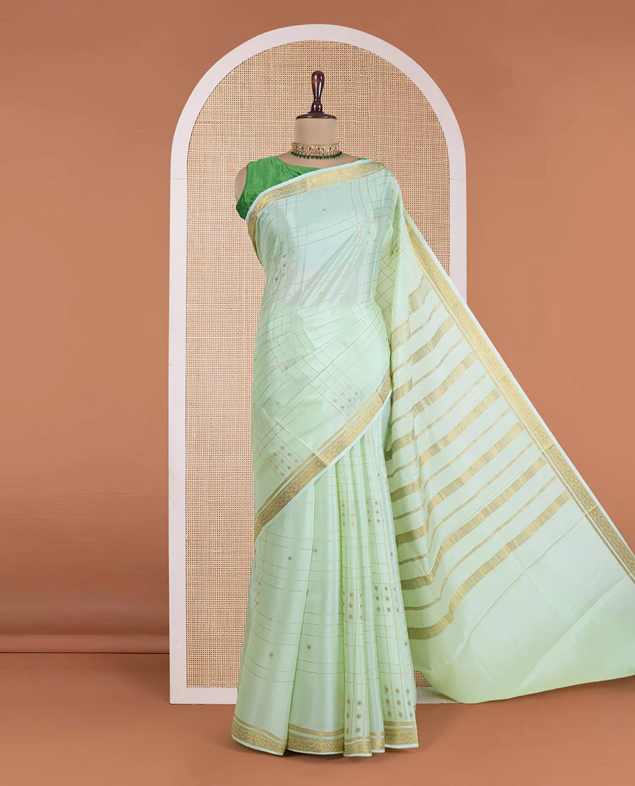 Green zari buttas and checked Mysore silk saree, traditional zari design border, and zari design pallu - Image 2