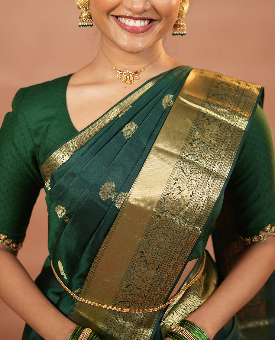 Green zari buttas and mamallapuram temple motifs zari woven silk saree, zari border of salangi, muthu, banaras, mayil, and lavangam designs, and intricate pallu - Image 3