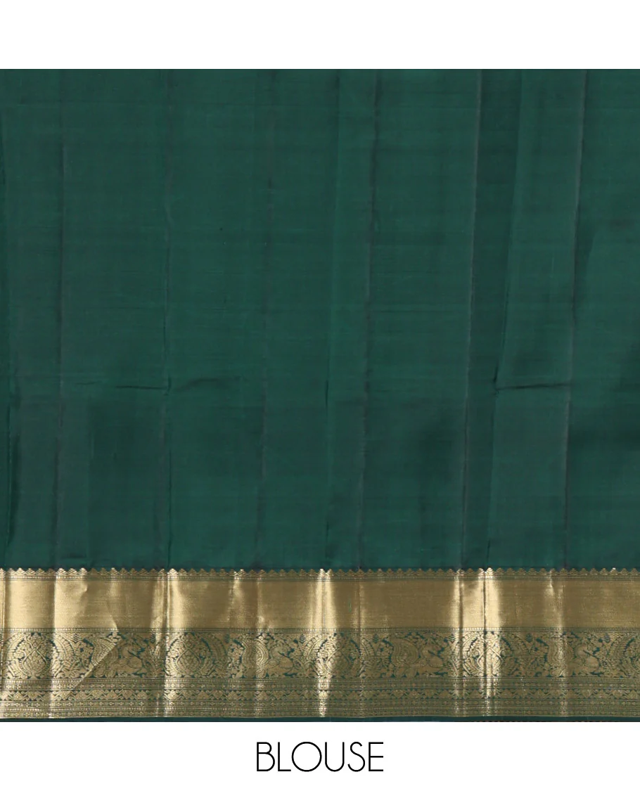 Green zari buttas and mamallapuram temple motifs zari woven silk saree, zari border of salangi, muthu, banaras, mayil, and lavangam designs, and intricate pallu - Image 5