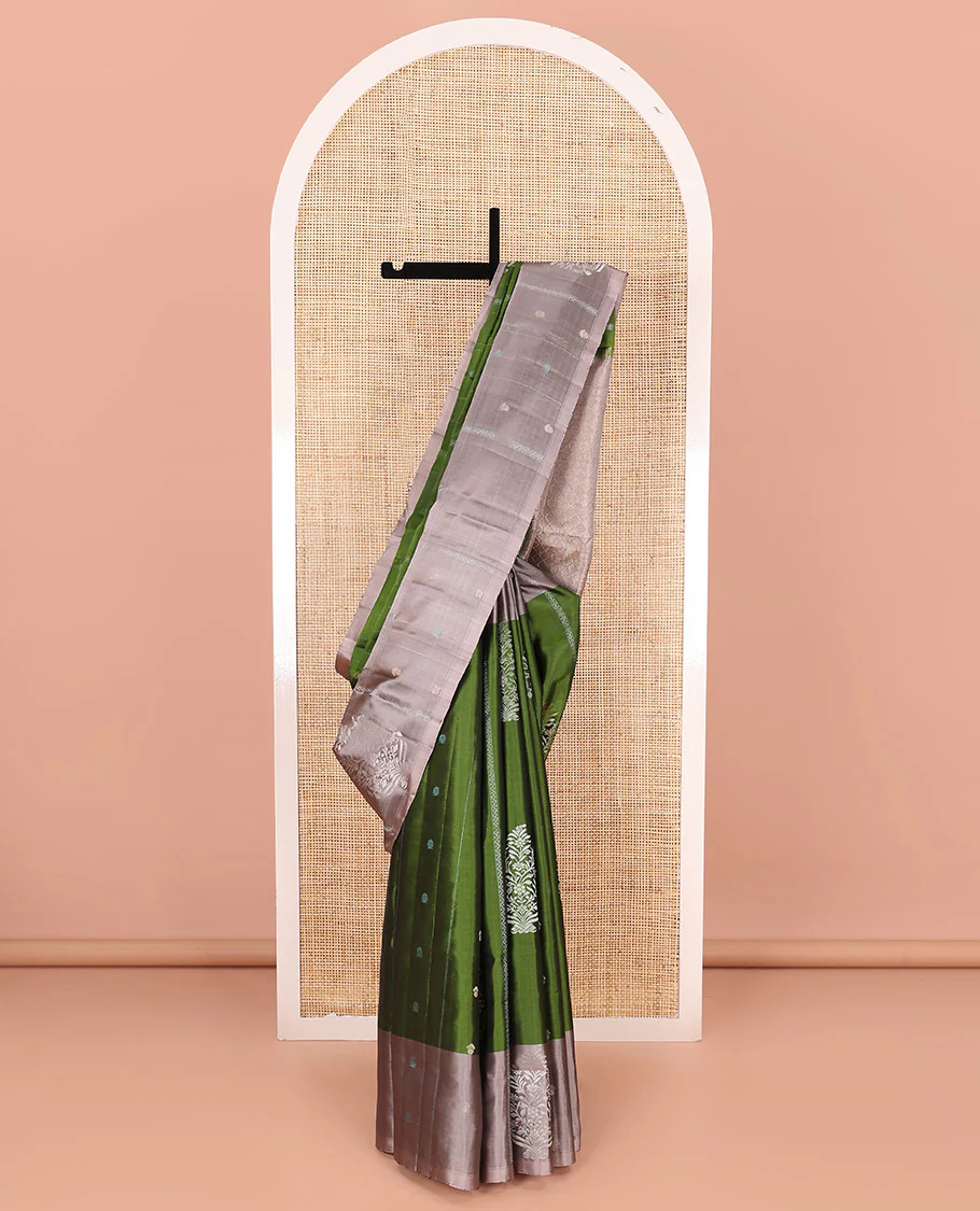 Green zari buttas and neli stripes Mayuri soft silk saree, contrast zari buttas and neli striped border, and  jaal pallu