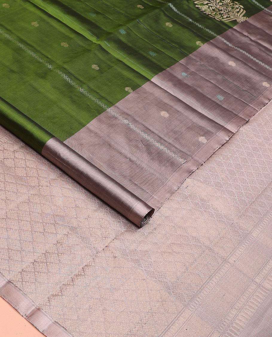Green zari buttas and neli stripes Mayuri soft silk saree, contrast zari buttas and neli striped border, and  jaal pallu - Image 2