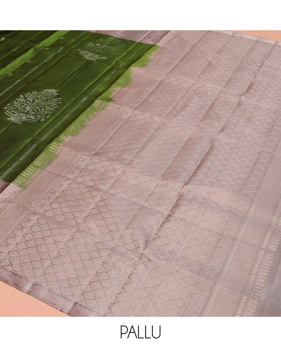 Green zari buttas and neli stripes Mayuri soft silk saree, contrast zari buttas and neli striped border, and  jaal pallu - Image 5