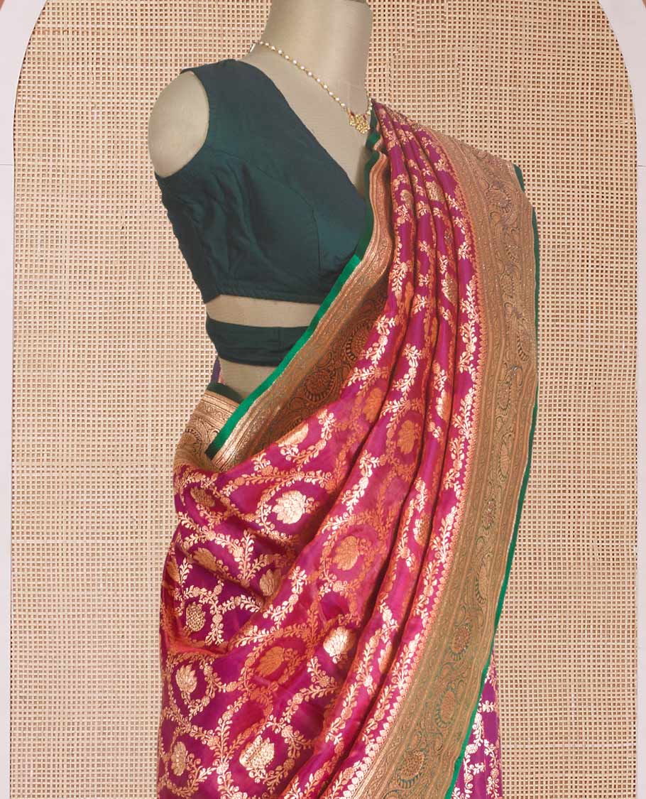 Green zari buttas Banaras with stone work Satin  silk saree, traditional zari border, and pallu of intricate design - Image 3