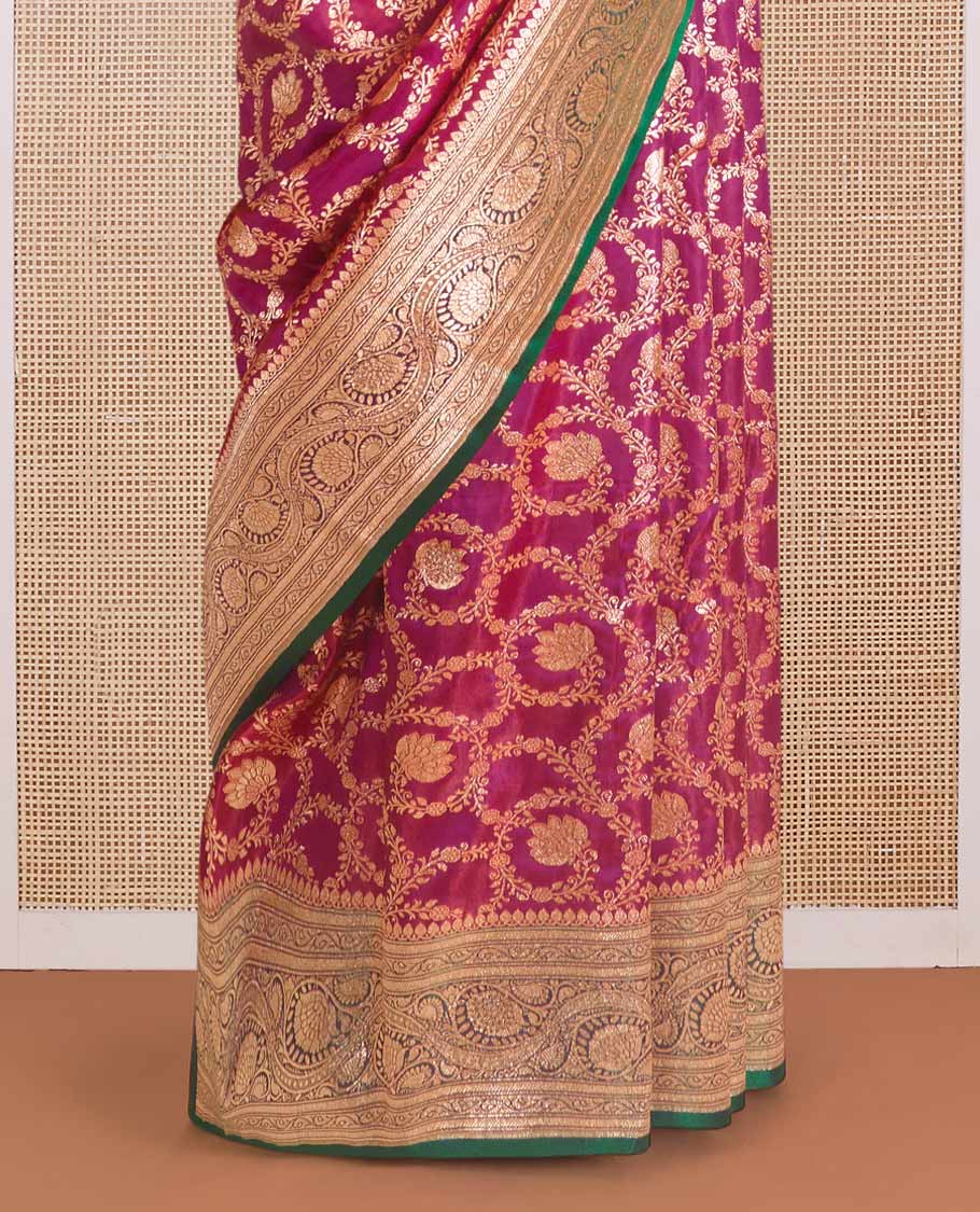 Green zari buttas Banaras with stone work Satin  silk saree, traditional zari border, and pallu of intricate design - Image 4