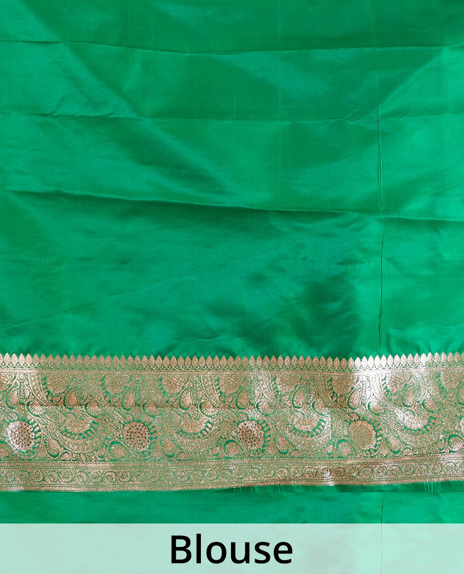 Green zari buttas Banaras with stone work Satin  silk saree, traditional zari border, and pallu of intricate design - Image 5