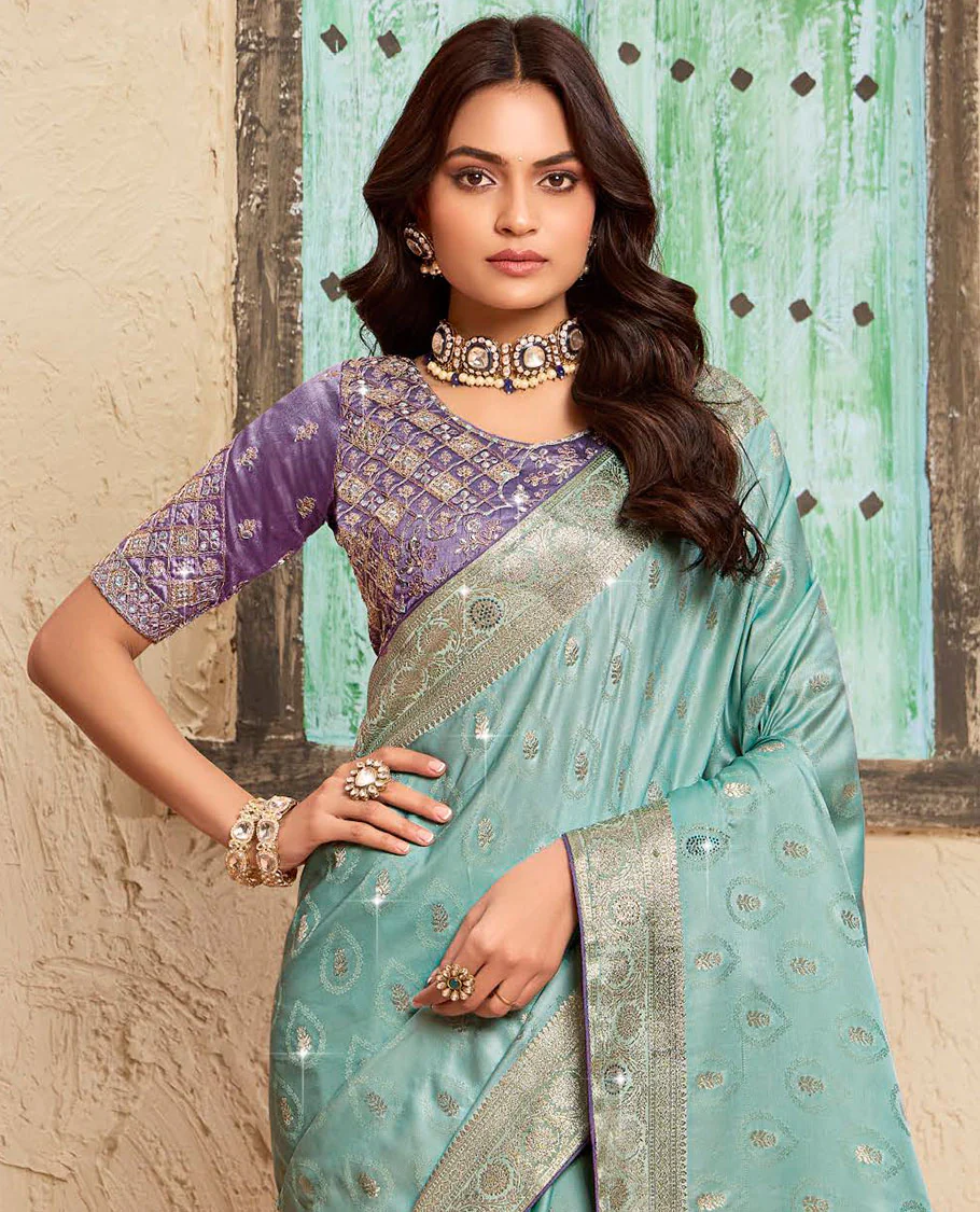 Green zari buttas dola silk saree, floral creeper zari border, intricately woven stonework pallu & contrast embroidered blouse - Image 2
