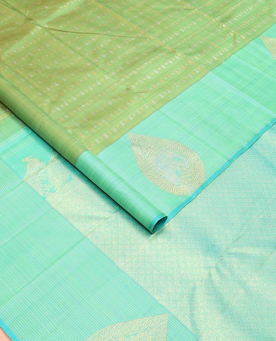 Green zari buttas Kanchipuram designer saree, contrast mayil butta enclosed thilakam design border, and jaal pallu - Image 3