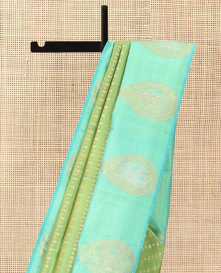 Green zari buttas Kanchipuram designer saree, contrast mayil butta enclosed thilakam design border, and jaal pallu - Image 4