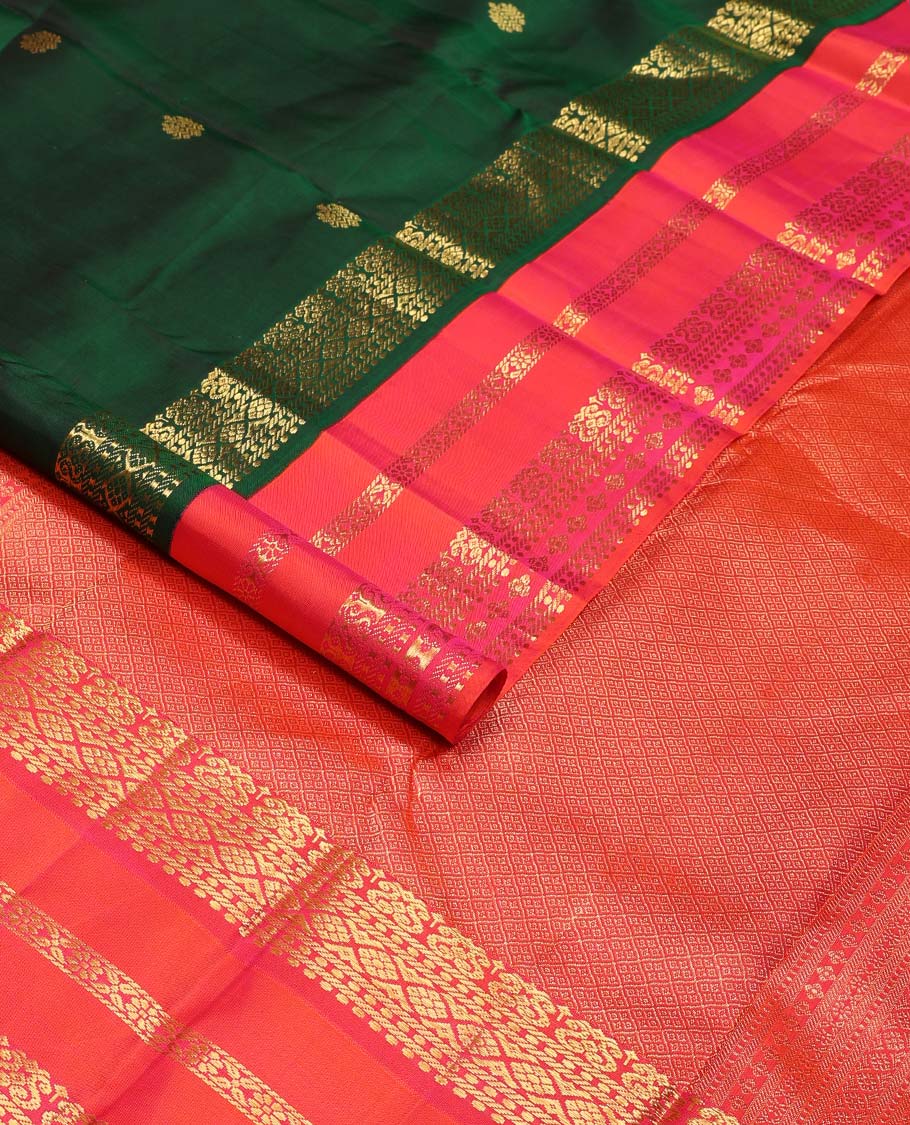 Green zari buttas Kanchipuram korvai silk saree, contrast varisai pettu border of zari designs, and jaal pallu - Image 2