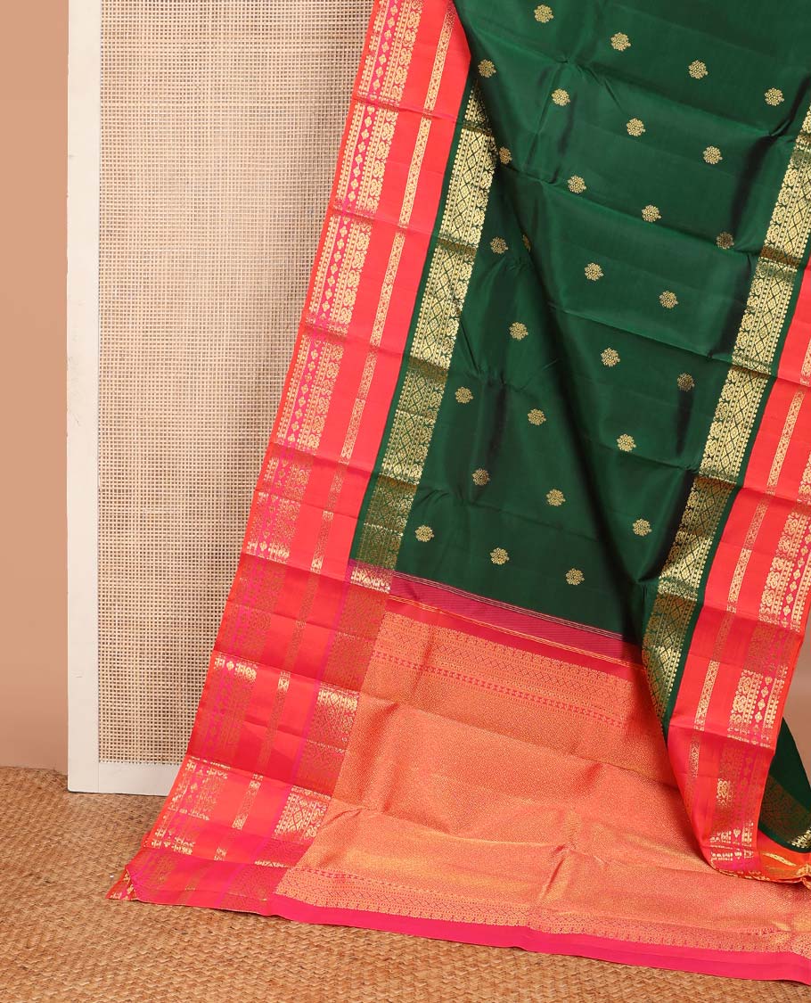 Green zari buttas Kanchipuram korvai silk saree, contrast varisai pettu border of zari designs, and jaal pallu - Image 3