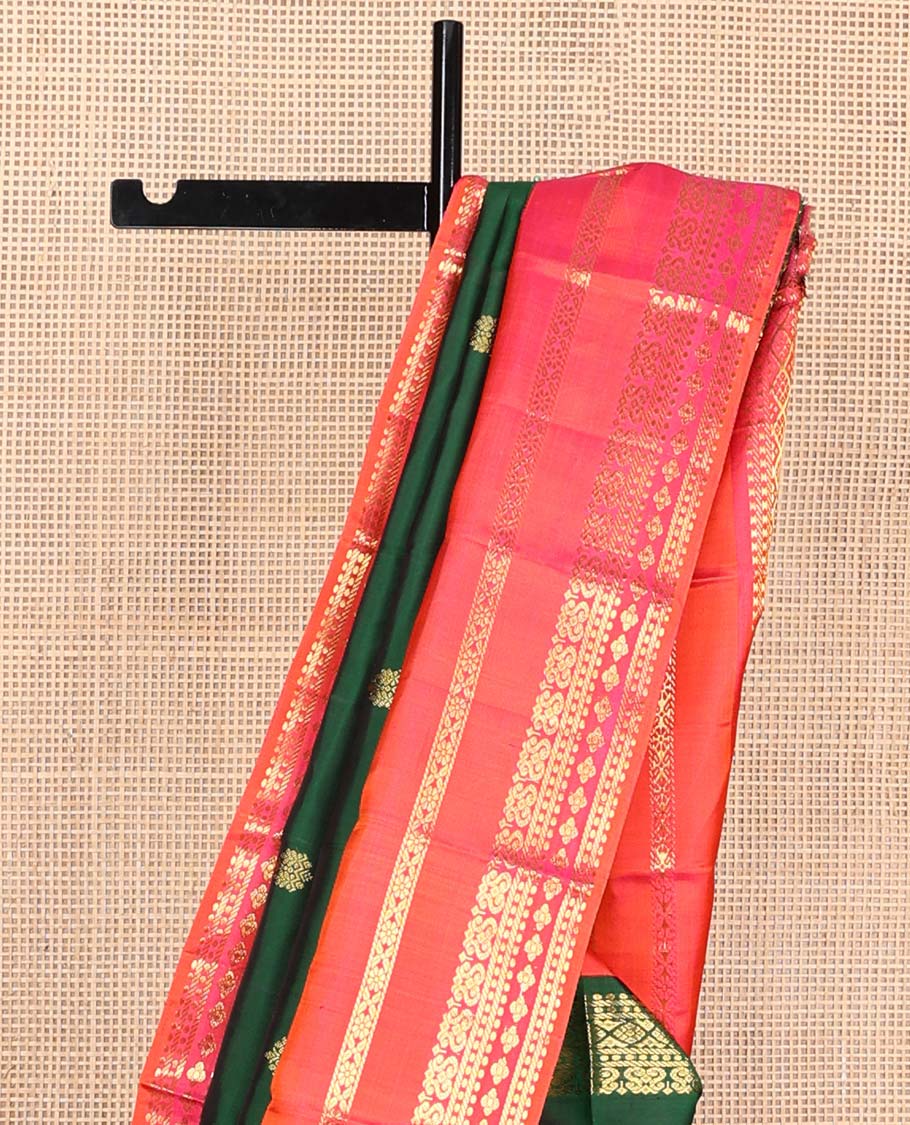 Green zari buttas Kanchipuram korvai silk saree, contrast varisai pettu border of zari designs, and jaal pallu - Image 4