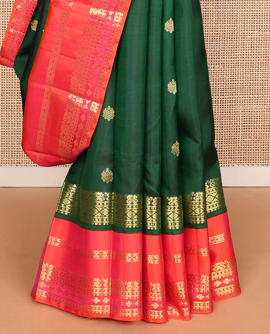 Green zari buttas Kanchipuram korvai silk saree, contrast varisai pettu border of zari designs, and jaal pallu - Image 5