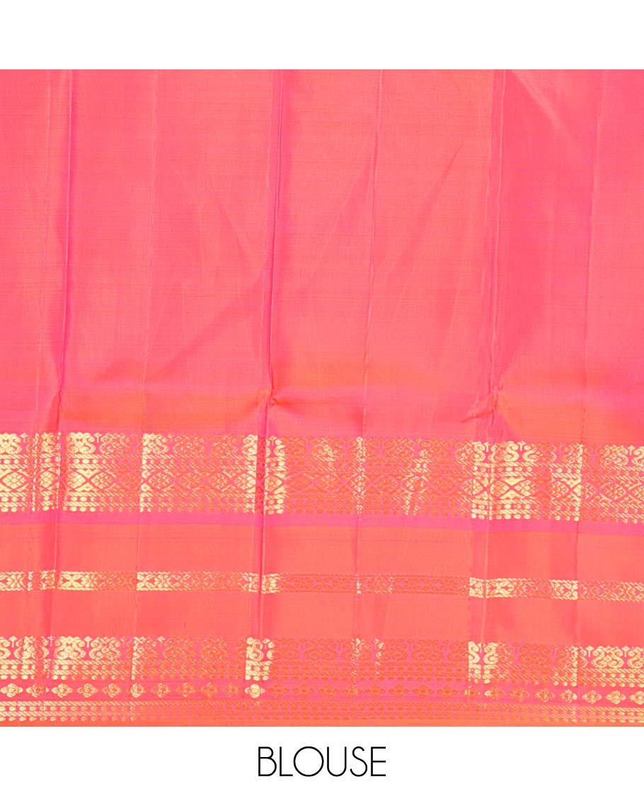 Green zari buttas Kanchipuram korvai silk saree, contrast varisai pettu border of zari designs, and jaal pallu - Image 6
