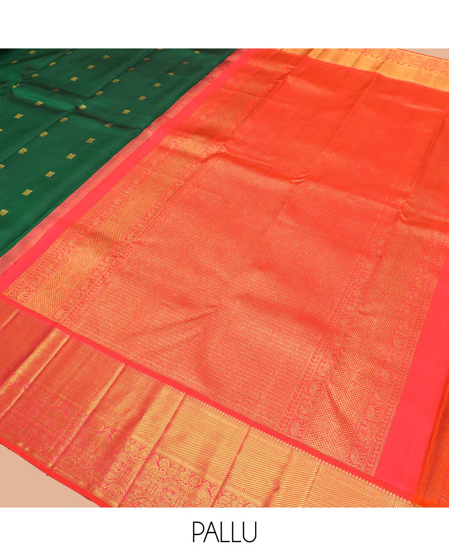 Green zari buttas Kanchipuram silk saree, contrast border of thilakam mokku, banaras, muthu, and mayil designs, and pallu of neli designs - Image 5