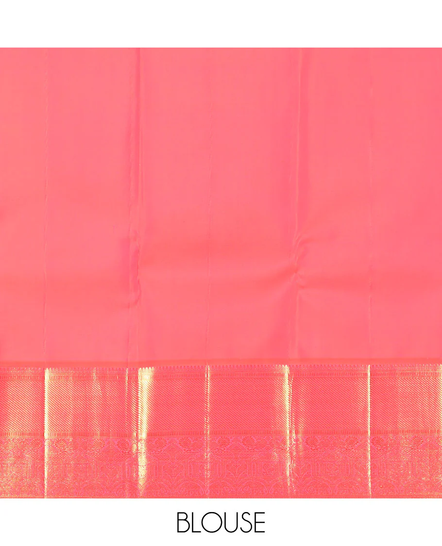 Green zari buttas Kanchipuram silk saree, contrast border of thilakam mokku, banaras, muthu, and mayil designs, and pallu of neli designs - Image 6