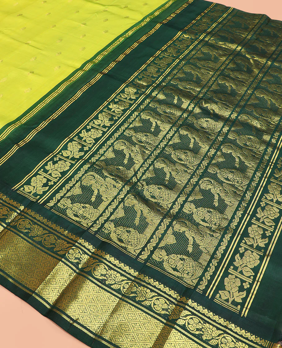 Green zari buttas Kanchipuram silk saree, contrast korvai border of thilakam mokku, kodi visiry, and jaal designs, and pallu of ancient human figurines - Image 5