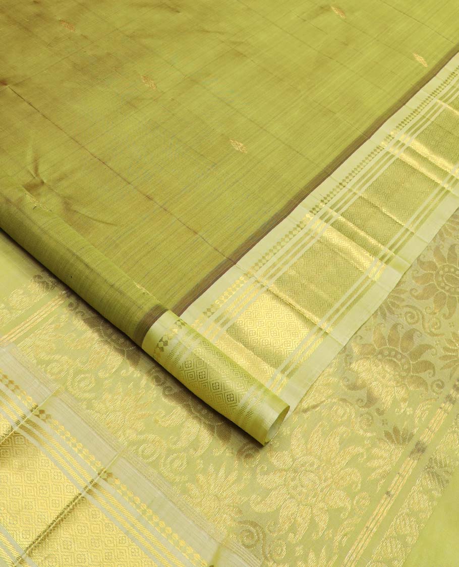 Green zari buttas Kanchipuram silk saree, contrast one-sided border of paneer sombu, banaras, and jaal designs, and floral design pallu - Image 2
