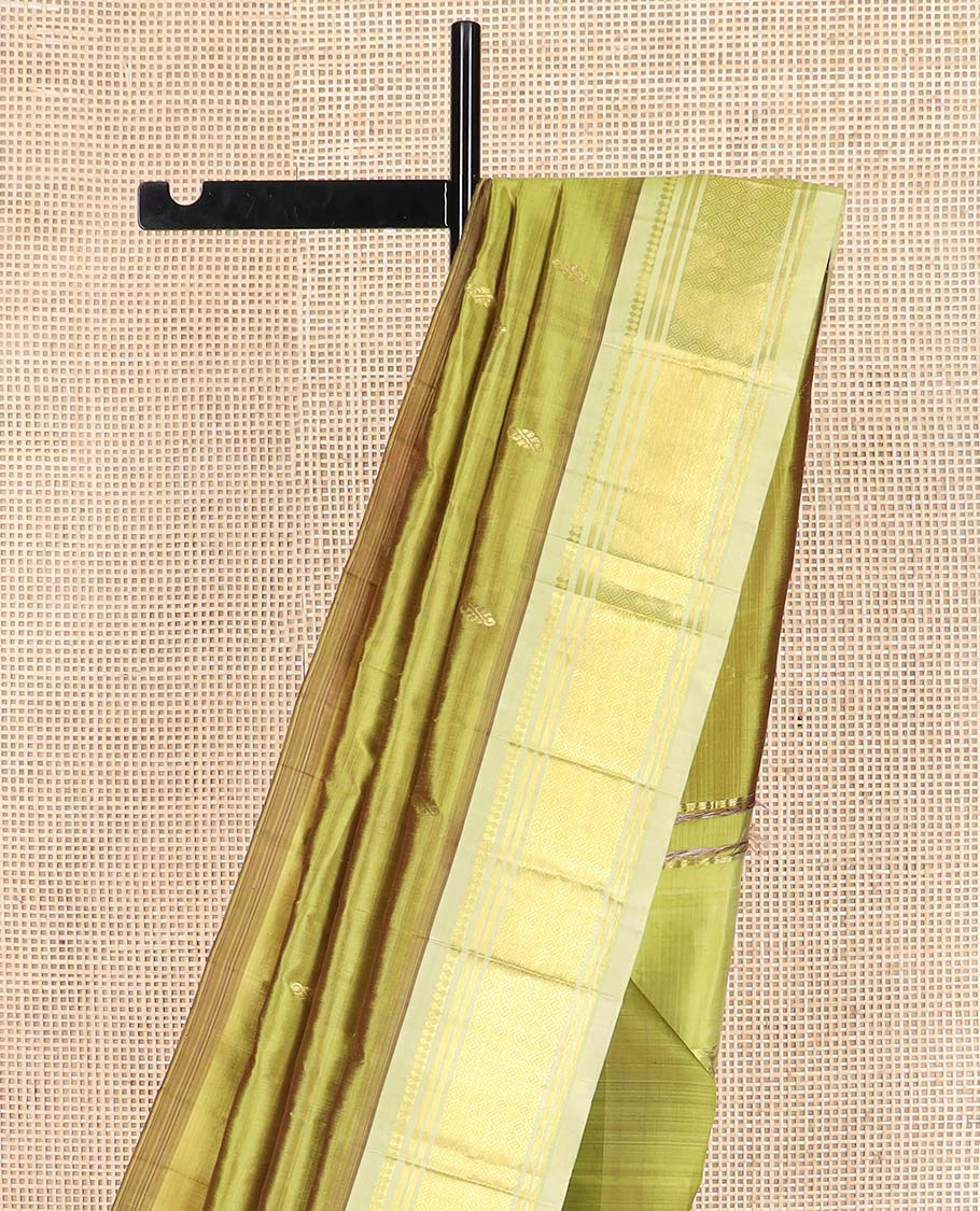 Green zari buttas Kanchipuram silk saree, contrast one-sided border of paneer sombu, banaras, and jaal designs, and floral design pallu - Image 3