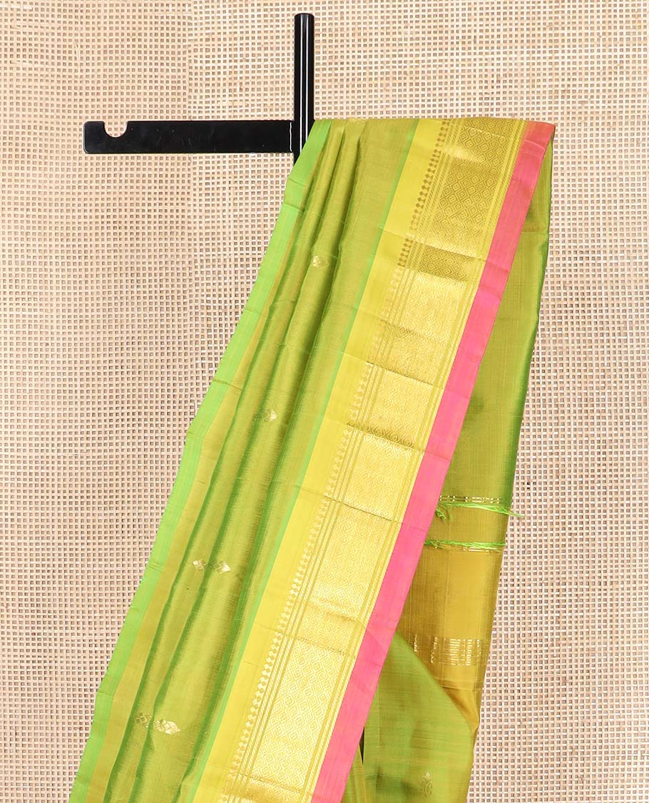 Green zari buttas Kanchipuram silk saree, contrast one-sided border of paneer sombu, banaras, and jaal designs, and zari design pallu - Image 3