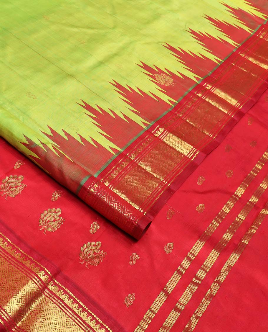 Green zari buttas Kanchipuram silk saree, contrast one-sided thazampoo rekku border of muthu, banaras, and jaal designs, and zari design pallu - Image 2