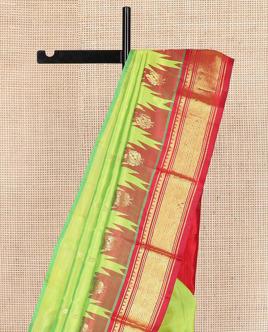 Green zari buttas Kanchipuram silk saree, contrast one-sided thazampoo rekku border of muthu, banaras, and jaal designs, and zari design pallu - Image 3