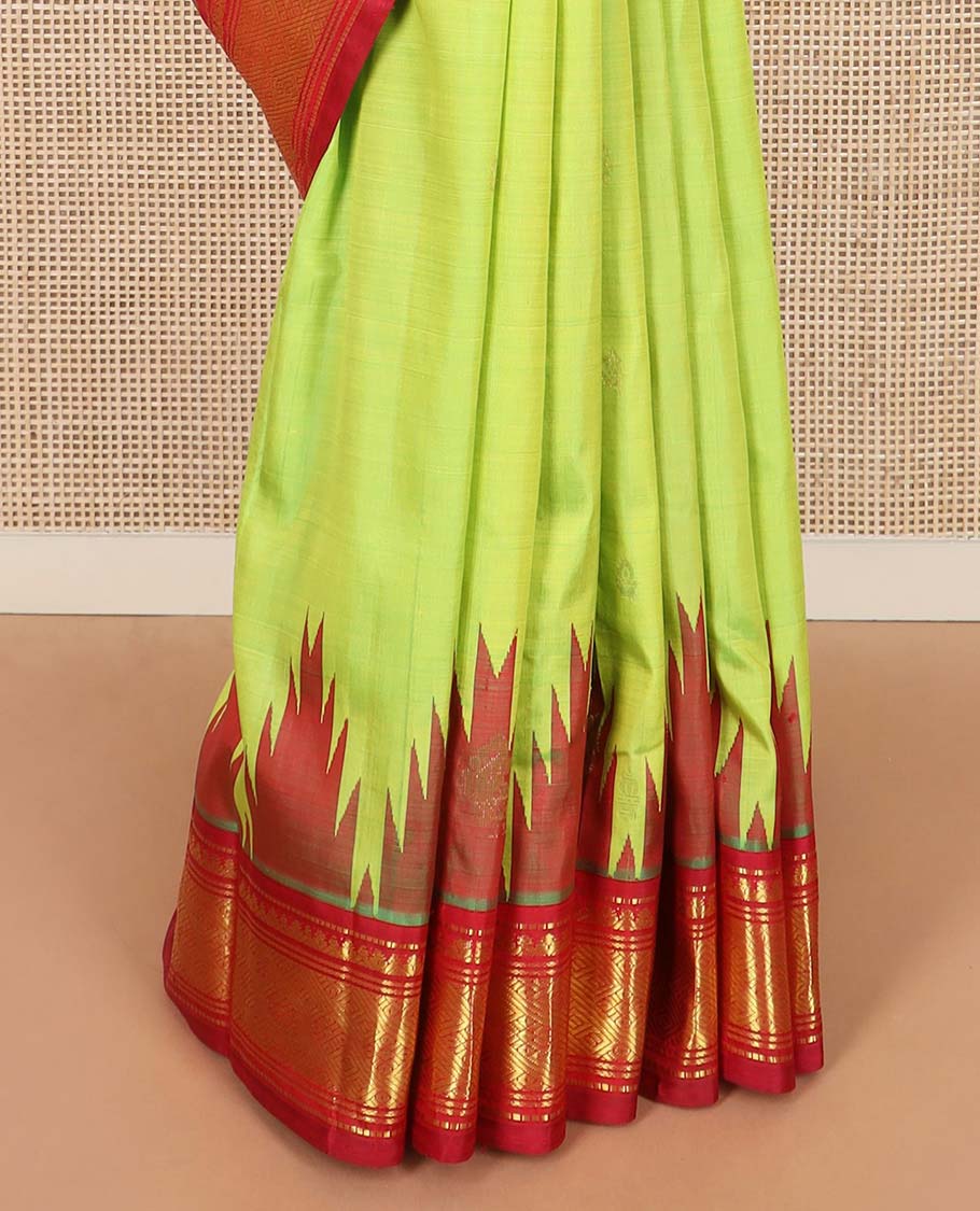 Green zari buttas Kanchipuram silk saree, contrast one-sided thazampoo rekku border of muthu, banaras, and jaal designs, and zari design pallu - Image 4