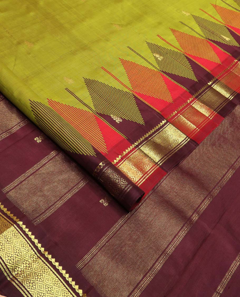 Green zari buttas Kanchipuram silk saree, contrast one-sided thazampoo rekku border of thilakam mokku, and jaal designs, and zari design pallu - Image 2