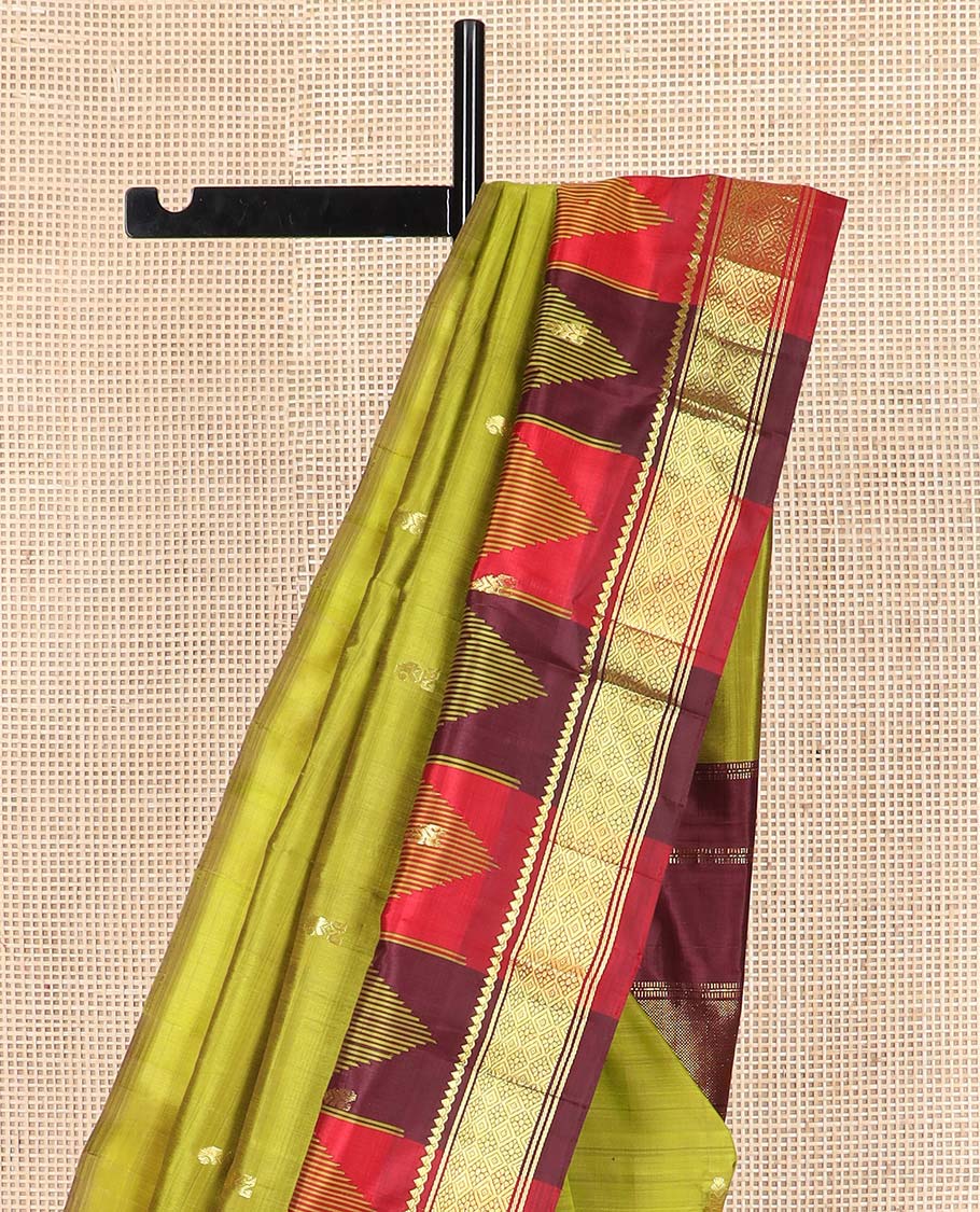 Green zari buttas Kanchipuram silk saree, contrast one-sided thazampoo rekku border of thilakam mokku, and jaal designs, and zari design pallu - Image 3