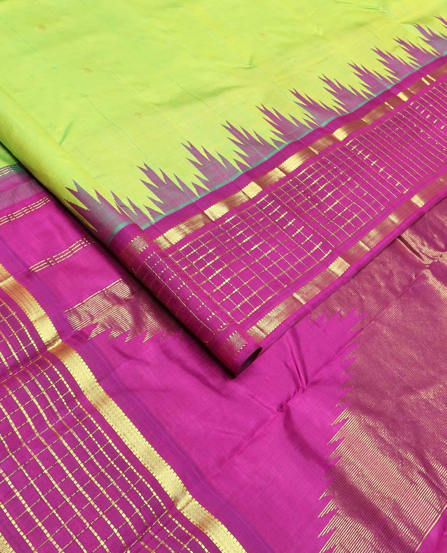 Green zari buttas Kanchipuram silk saree, contrast thazampoo rekku one-sided border of muthu, and muthu kattam designs, and pallu of pillaiyar mokku designs - Image 2